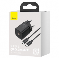 Зарядное устройство для телефона BASEUS Super Si USB-C + Кабель Type-C-Type-C, 3A, 25W, черный