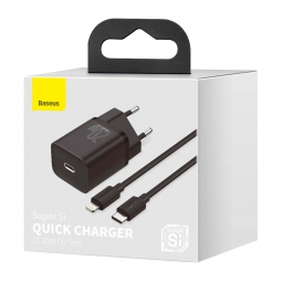 Зарядное устройство Baseus Super Si Quick Charger 1C 20W EU Sets Black (С кабелем Baseus Simple Wisdom Data Cable Type-C - Lightning 1м черное) (TZCCSUP-B01)