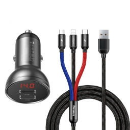 Автомобильное зарядное устройство Baseus Digital Display Dual USB 4.8A Car Charger 24W with Three Primary Colors 3-in-1 Cable USB 1.2M